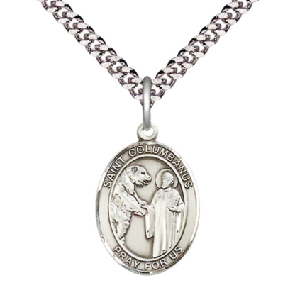 Mens Medium Oval Pewter Saint Columbanus Medal Pendant on 24" Rhodium Plated Heavy Curb Brass Chain with Lobster Claw Clasp, Catholic Religious Necklace -Made in USA- Deluxe Velvet Gift Box