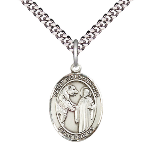 Everlasting Light Jewelry Medium Men's Pewter Saint Columbanus Medal Pendant on 24 Inch Endless Rhodium Plated Heavy Curb Brass Chain, Catholic Religious Necklace -Made in USA- Deluxe Velvet Gift Box