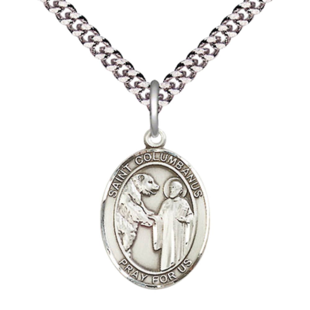 Mens Medium Oval Sterling Silver Saint Columbanus Medal Pendant on 24" Rhodium Plated Heavy Curb Brass Chain w/ Lobster Claw Clasp, Catholic Religious Necklace -Made in USA-Velvet Gift Box
