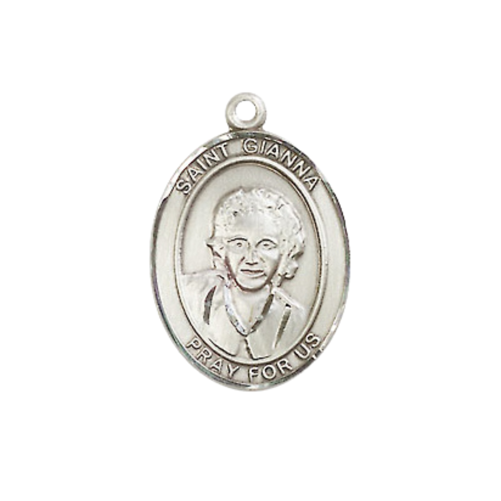 Medium Women's Pewter Saint Gianna Pendant Necklace on 18-inch Rhodium-Plated Lite Curb Brass Chain – Saint Gianna Medal – Patron Saint of Mothers and Doctors – Velvet Gift Box Included