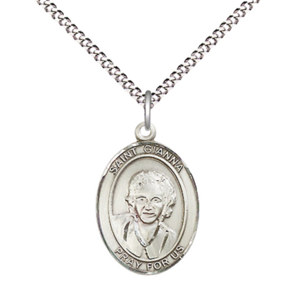 Medium Women's Pewter Saint Gianna Pendant Necklace on 18-inch Rhodium-Plated Lite Curb Brass Chain – Saint Gianna Medal – Patron Saint of Mothers and Doctors – Velvet Gift Box Included