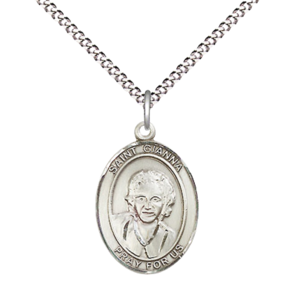 Everlasting Light Jewelry Medium .925 Sterling Silver Saint St. Gianna Pendant Necklace on 18- inch Rhodium- Plated Lite Curb Brass Chain – Patron Saint St. of Mothers and Unborn Young, Catholic Medal – Velvet Gift Box Included