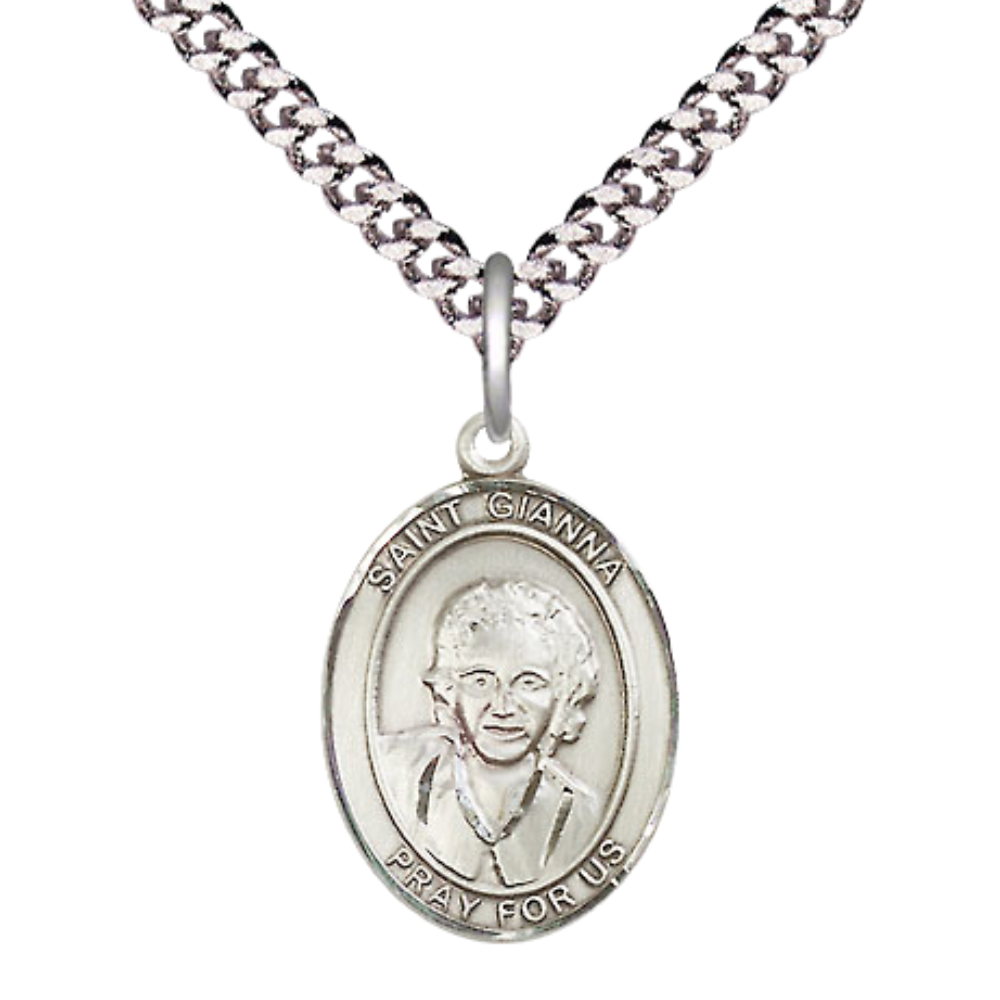 Mens Medium Oval .925 Sterling Silver Saint St. Gianna Medal Pendant on 24 Inch Rhodium Plated Heavy Curb Brass Chain w/ Lobster Claw Clasp, Catholic Religious Necklace - Made in USA- Velvet Gift Box