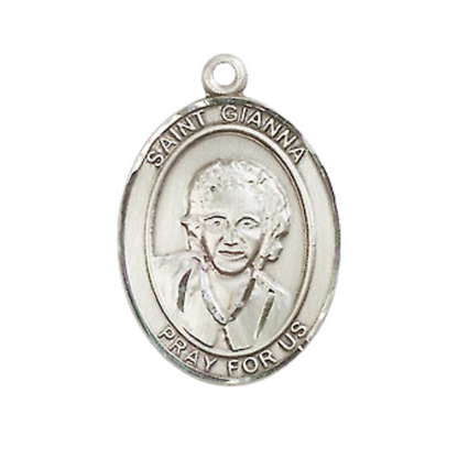 Everlasting Light Jewelry Medium Men's Pewter Saint St. Gianna Medal Pendant on 24 Inch Endless Rhodium Plated Heavy Curb Brass Chain, Catholic Religious Necklace - Made in USA- Deluxe Velvet Gift Box