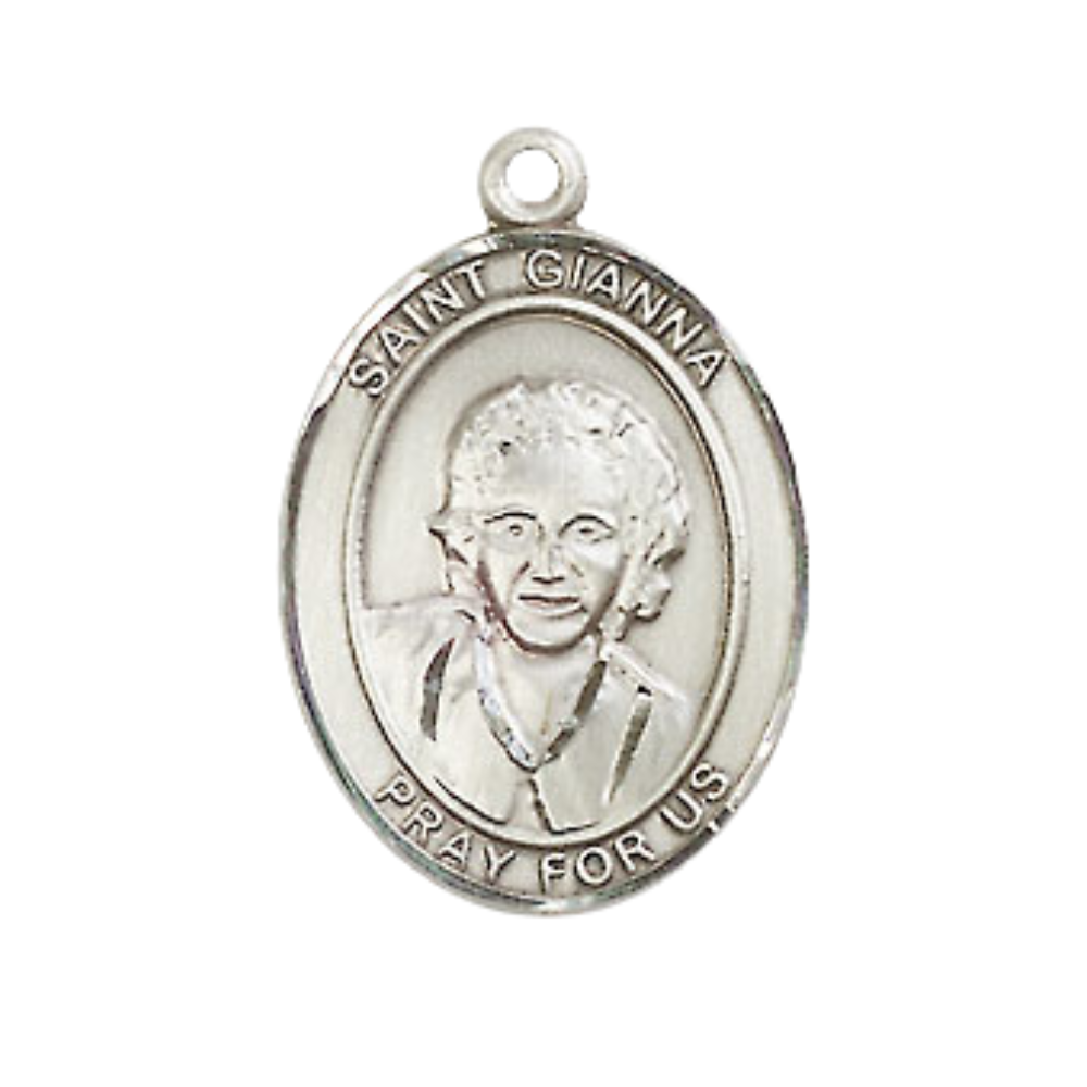 Mens Medium Oval Pewter Saint St. Gianna Medal Pendant on 24 Inch Rhodium Plated Heavy Curb Brass Chain with Lobster Claw Clasp, Catholic Religious Necklace - Made in USA- Deluxe Velvet Gift Box