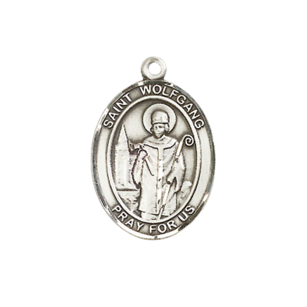 Medium Women's Pewter Saint St. Wolfgang Pendant Necklace on 18- inch Rhodium- Plated Lite Curb Brass Chain – Saint St. Wolfgang Medal – Patron Saint St. of Paralysis and Strokes, Catholic Medal – Velvet Gift Box Included