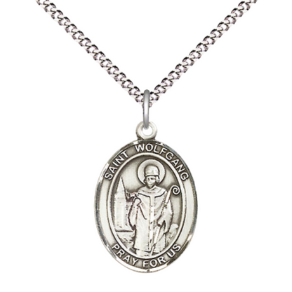 Medium Women's Pewter Saint St. Wolfgang Pendant Necklace on 18- inch Rhodium- Plated Lite Curb Brass Chain – Saint St. Wolfgang Medal – Patron Saint St. of Paralysis and Strokes, Catholic Medal – Velvet Gift Box Included