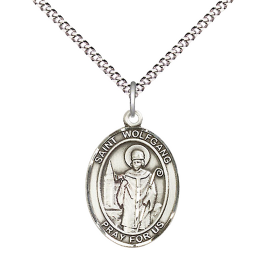 Medium Women's Pewter Saint St. Walter of Pontnoise Medal Pendant on 18 Inch Rhodium Plated Lite Curb Brass Chain with Lobster Claw Clasp, Catholic Religious Necklace - Made in USA- Velvet Gift Box