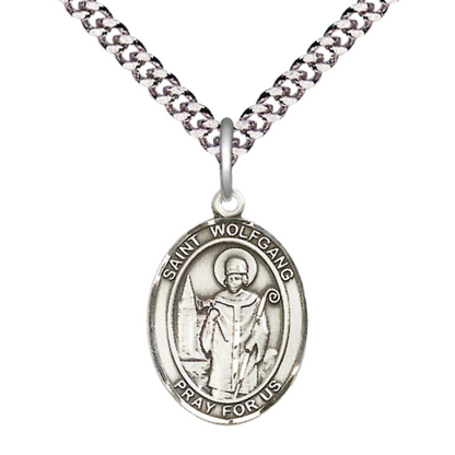 Everlasting Light Jewelry Medium Men's Pewter Saint St. Wolfgang Medal Pendant on 24 Inch Endless Rhodium Plated Heavy Curb Brass Chain, Catholic Religious Necklace - Made in USA- Deluxe Velvet Gift Box