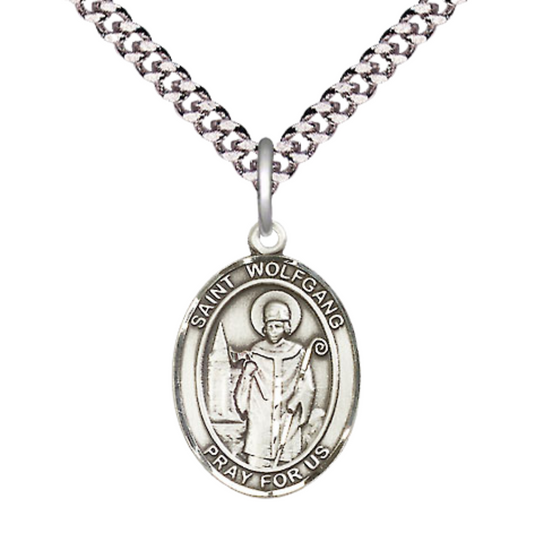 Everlasting Light Jewelry Medium Men's Pewter Saint St. Wolfgang Medal Pendant on 24 Inch Endless Rhodium Plated Heavy Curb Brass Chain, Catholic Religious Necklace - Made in USA- Deluxe Velvet Gift Box