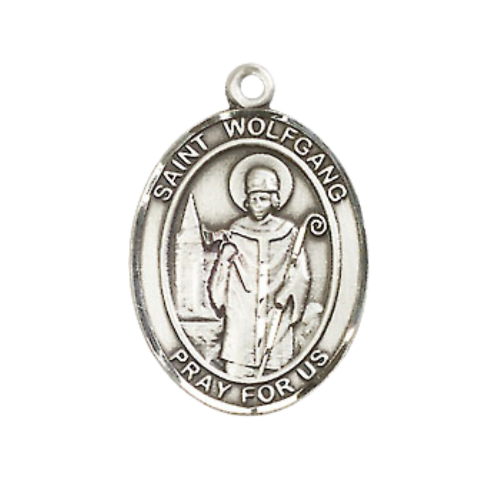 Medium Men's .925 Sterling Silver Saint St. Wolfgang Medal Pendant on 24 Inch Endless Rhodium Plated Heavy Curb Brass Chain, Catholic Religious Necklace - Made in USA- Deluxe Velvet Gift Box