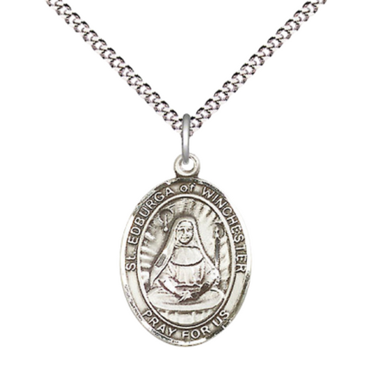 Medium Women's .925 Sterling Silver Saint St. Edburga of Winchester Pendant Necklace on 18- inch Rhodium- Plated Lite Curb Brass Chain – Patron Saint St. of Widows and the Poor, Catholic Medal – Velvet Gift Box Included