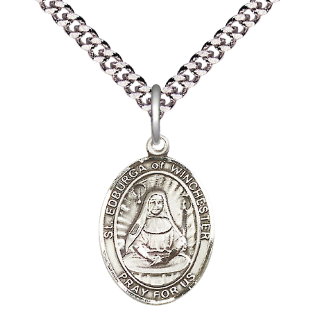 Medium Men's Pewter Saint St. Edburga of Winchester Medal Pendant on 24 Inch Endless Rhodium Plated Heavy Curb Brass Chain, Catholic Religious Necklace - Made in USA- Deluxe Velvet Gift Box