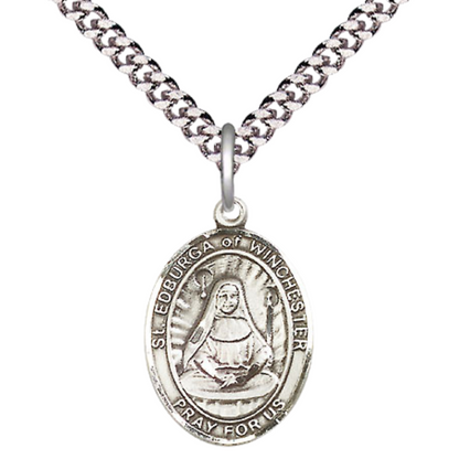 Medium Men's Pewter Saint St. Edburga of Winchester Medal Pendant on 24 Inch Endless Rhodium Plated Heavy Curb Brass Chain, Catholic Religious Necklace - Made in USA- Deluxe Velvet Gift Box