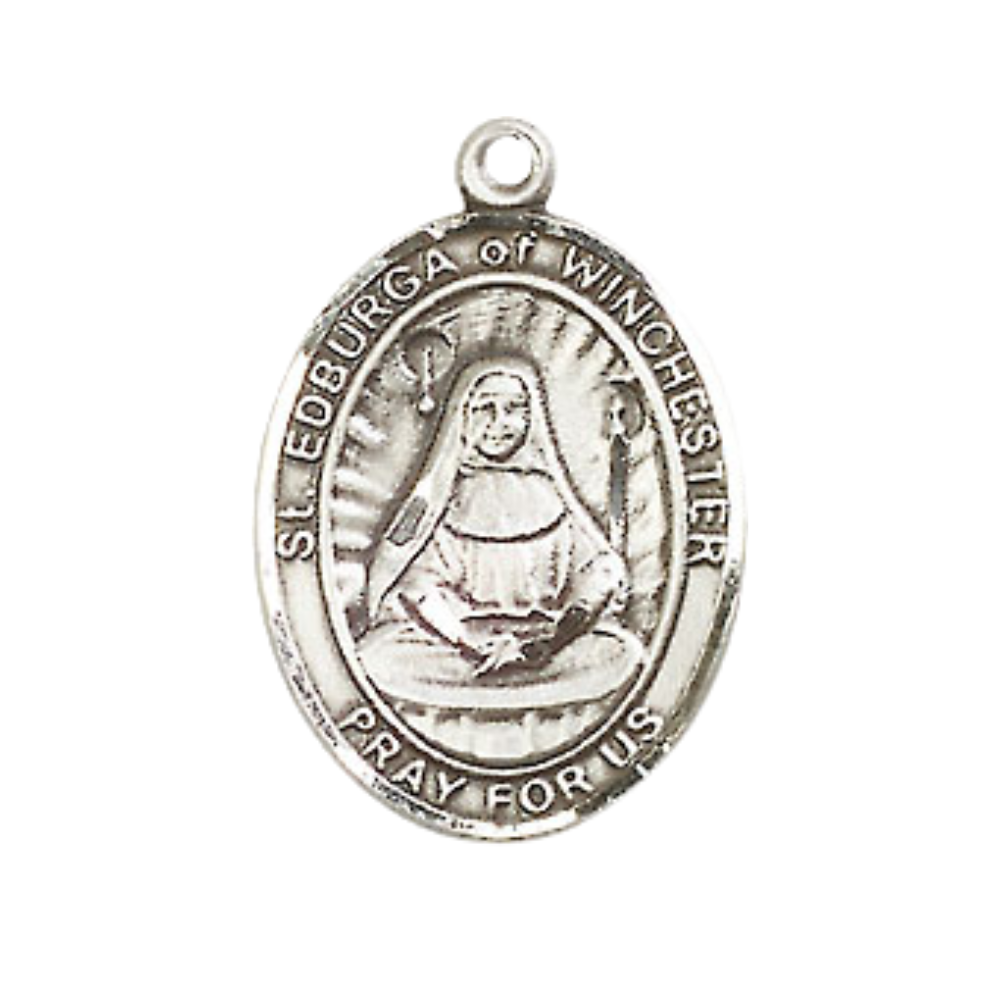 Medium Men's Pewter Saint St. Edburga of Winchester Medal Pendant on 24 Inch Endless Rhodium Plated Heavy Curb Brass Chain, Catholic Religious Necklace - Made in USA- Deluxe Velvet Gift Box