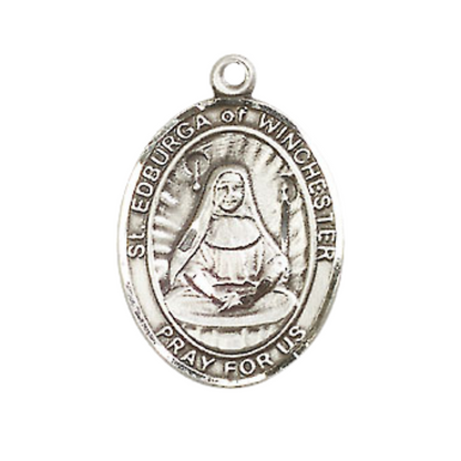 Medium Men's Pewter Saint St. Edburga of Winchester Medal Pendant on 24 Inch Endless Rhodium Plated Heavy Curb Brass Chain, Catholic Religious Necklace - Made in USA- Deluxe Velvet Gift Box