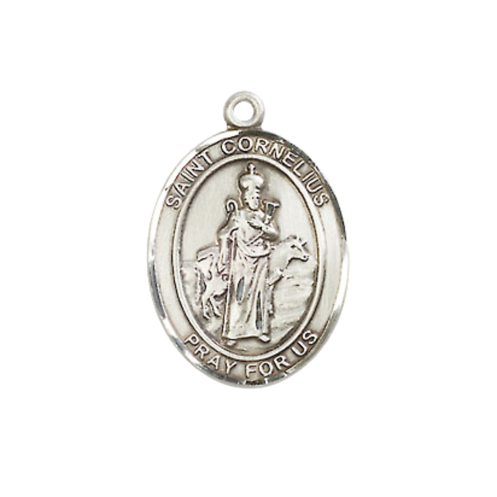 Medium Women's .925 Sterling Silver Saint St. Cornelius Pendant Necklace on 18- inch Rhodium- Plated Lite Curb Brass Chain – Patron Saint St. of Earache, Animals, and Epilepsy, Catholic Medal – Velvet Gift Box Included