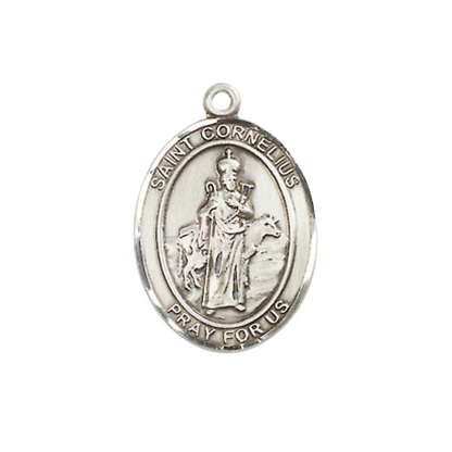 Medium Women's .925 Sterling Silver Saint St. Cornelius Pendant Necklace on 18- inch Rhodium- Plated Lite Curb Brass Chain – Patron Saint St. of Earache, Animals, and Epilepsy, Catholic Medal – Velvet Gift Box Included