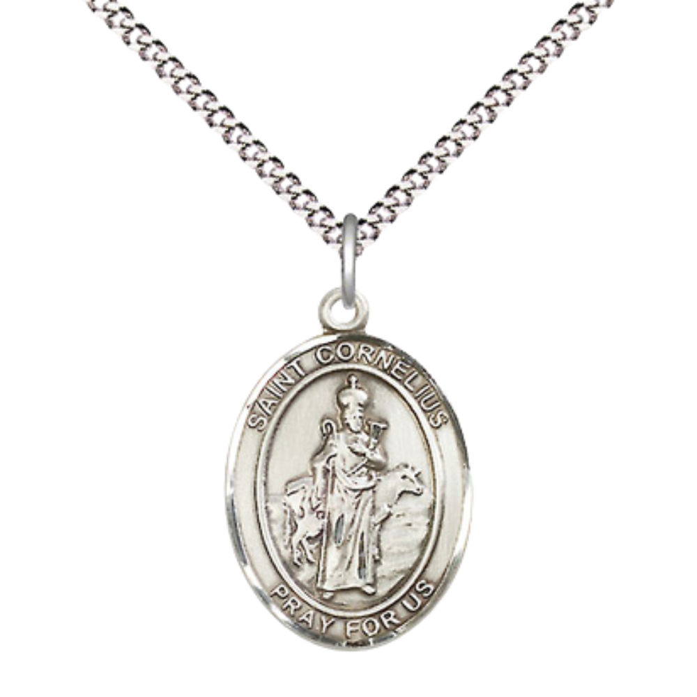 Medium Women's .925 Sterling Silver Saint St. Cornelius Pendant Necklace on 18- inch Rhodium- Plated Lite Curb Brass Chain – Patron Saint St. of Earache, Animals, and Epilepsy, Catholic Medal – Velvet Gift Box Included