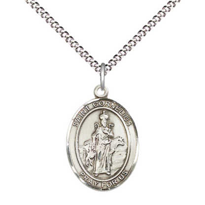 Medium Women's .925 Sterling Silver Saint St. Cornelius Pendant Necklace on 18- inch Rhodium- Plated Lite Curb Brass Chain – Patron Saint St. of Earache, Animals, and Epilepsy, Catholic Medal – Velvet Gift Box Included
