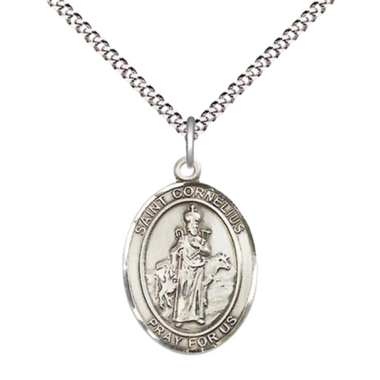 Medium Women's .925 Sterling Silver Saint St. Cornelius Pendant Necklace on 18- inch Rhodium- Plated Lite Curb Brass Chain – Patron Saint St. of Earache, Animals, and Epilepsy, Catholic Medal – Velvet Gift Box Included