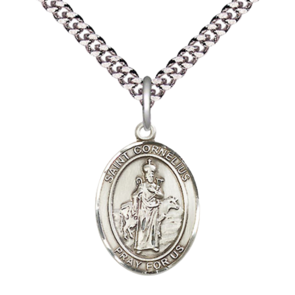 Everlasting Light Jewelry Medium Men's Pewter Saint St. Cornelius Medal Pendant on 24 Inch Endless Rhodium Plated Heavy Curb Brass Chain, Catholic Religious Necklace - Made in USA- Deluxe Velvet Gift Box