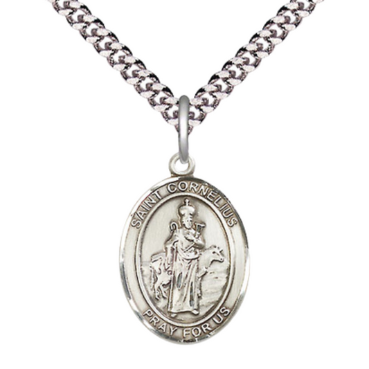 Everlasting Light Jewelry Medium Men's Pewter Saint St. Cornelius Medal Pendant on 24 Inch Endless Rhodium Plated Heavy Curb Brass Chain, Catholic Religious Necklace - Made in USA- Deluxe Velvet Gift Box