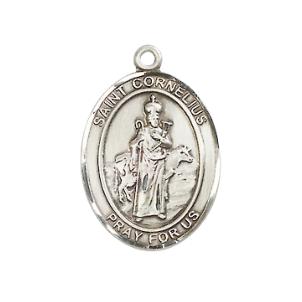 Everlasting Light Jewelry Medium Men's Pewter Saint St. Cornelius Medal Pendant on 24 Inch Endless Rhodium Plated Heavy Curb Brass Chain, Catholic Religious Necklace - Made in USA- Deluxe Velvet Gift Box