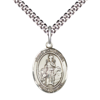 Medium Men's .925 Sterling Silver Saint St. Cornelius Medal Pendant on 24 Inch Endless Rhodium Plated Heavy Curb Brass Chain, Catholic Religious Necklace - Made in USA- Deluxe Velvet Gift Box