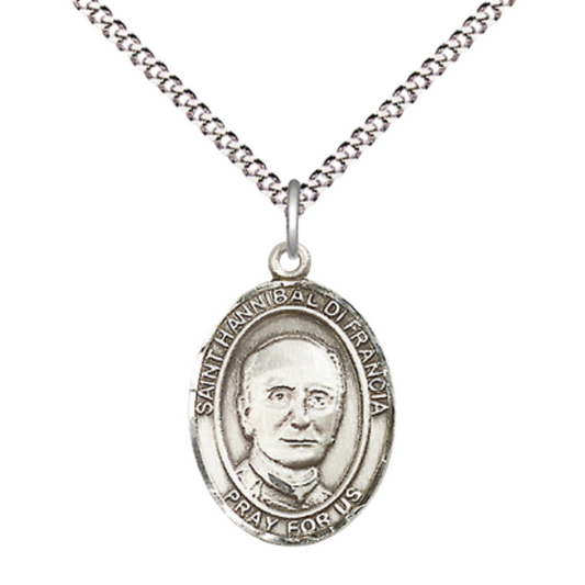 Everlasting Light Jewelry Medium Women's .925 Sterling Silver Saint St. Hannibal Pendant Necklace on 18- inch Rhodium- Plated Lite Curb Brass Chain – Catholic Religious Medal – Velvet Gift Box Included
