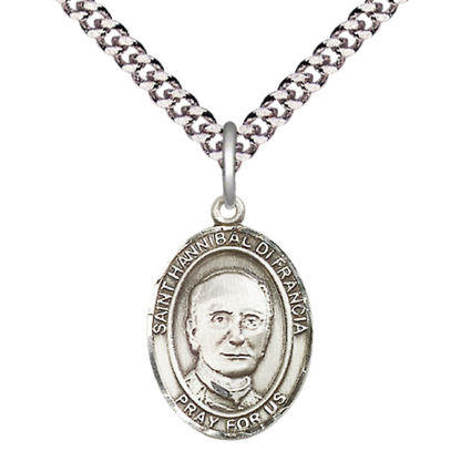 Medium Men's .925 Sterling Silver Saint St. Hannibal Medal Pendant on 24 Inch Endless Rhodium Plated Heavy Curb Brass Chain, Catholic Religious Necklace - Made in USA- Deluxe Velvet Gift Box