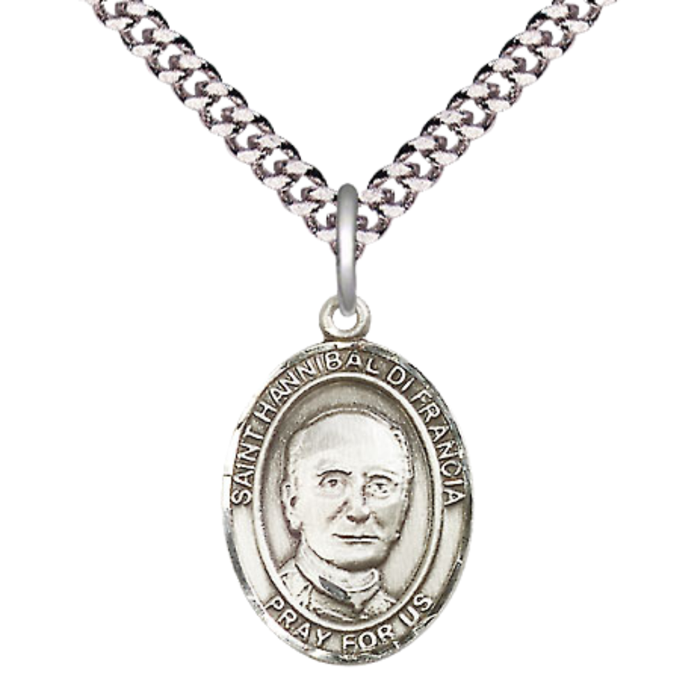 Mens Medium Oval Pewter Saint St. Hannibal Medal Pendant on 24 Inch Rhodium Plated Heavy Curb Brass Chain with Lobster Claw Clasp, Catholic Religious Necklace - Made in USA- Deluxe Velvet Gift Box