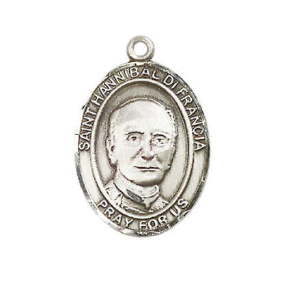 Medium Mens Oval .925 Sterling Silver 3/4 x 1/2 Saint St. Hannibal Medal Pendant with Rhodium Plated Heavy Curb Brass Chain with Lobster Claw Clasp, Catholic Religious Necklace - Made in USA- Velvet Gift Box