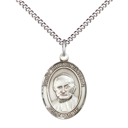Medium Women's Pewter Saint St. Arnold Janssen Pendant Necklace on 18- inch Rhodium- Plated Lite Curb Brass Chain – Saint St. Arnold Janssen Medal – Patron Saint St. of Missionaries, Catholic Medal – Velvet Gift Box Included