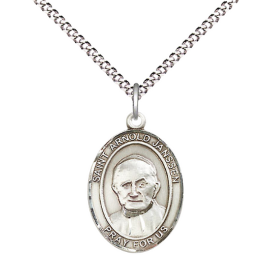 Medium Women's Pewter Saint St. Arnold Janssen Pendant Necklace on 18- inch Rhodium- Plated Lite Curb Brass Chain – Saint St. Arnold Janssen Medal – Patron Saint St. of Missionaries, Catholic Medal – Velvet Gift Box Included