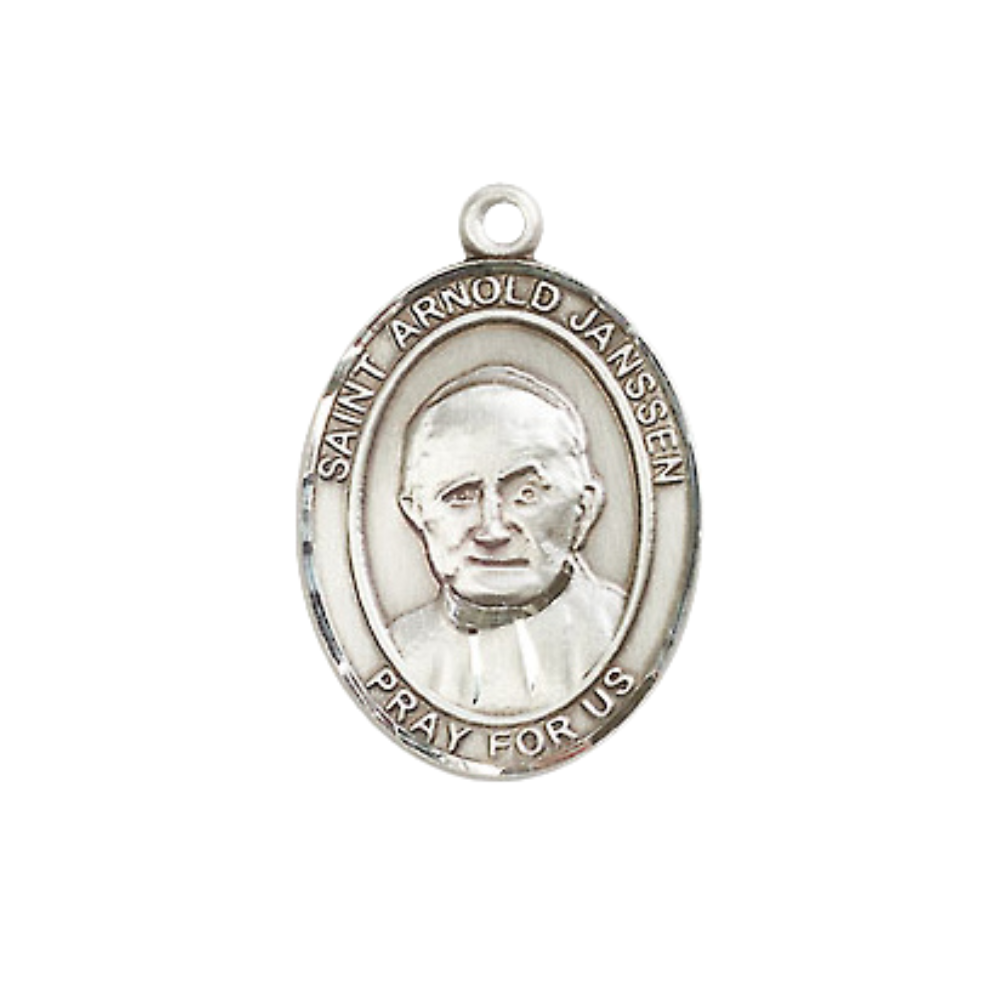 Everlasting Light Jewelry Medium Women's .925 Sterling Silver Saint St. Arnold Janssen Pendant Necklace on 18- inch Rhodium- Plated Lite Curb Brass Chain – Catholic Religious Medal – Velvet Gift Box Included