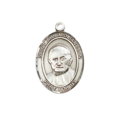 Everlasting Light Jewelry Medium Women's .925 Sterling Silver Saint St. Arnold Janssen Pendant Necklace on 18- inch Rhodium- Plated Lite Curb Brass Chain – Catholic Religious Medal – Velvet Gift Box Included