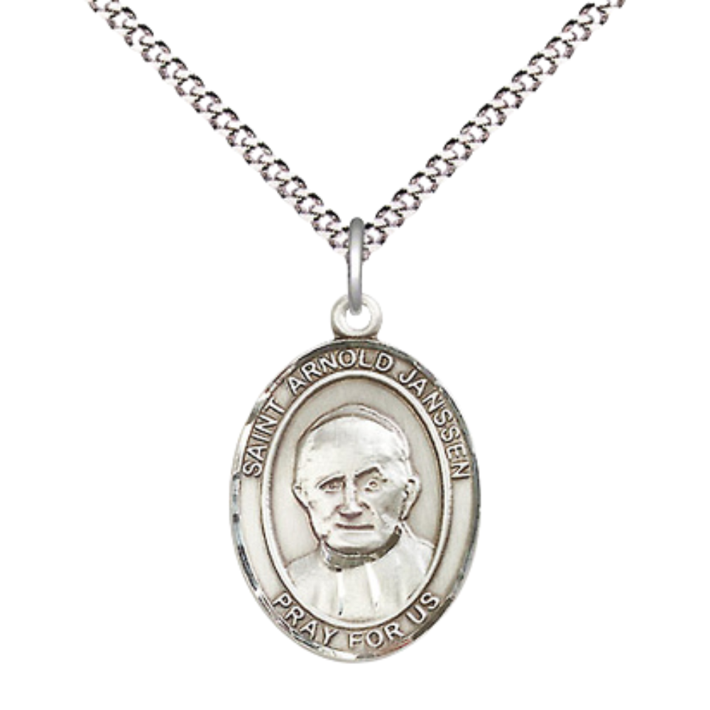 Everlasting Light Jewelry Medium Women's .925 Sterling Silver Saint St. Arnold Janssen Pendant Necklace on 18- inch Rhodium- Plated Lite Curb Brass Chain – Catholic Religious Medal – Velvet Gift Box Included