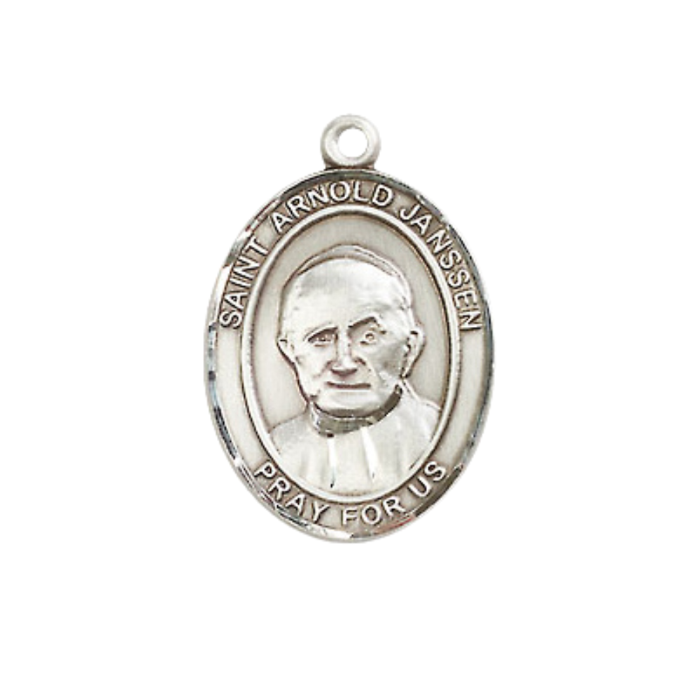 Everlasting Light Jewelry Medium Men's Pewter Saint St. Arnold Janssen Medal Pendant on 24 Inch Endless Rhodium Plated Heavy Curb Brass Chain, Catholic Religious Necklace - Made in USA- Deluxe Velvet Gift Box