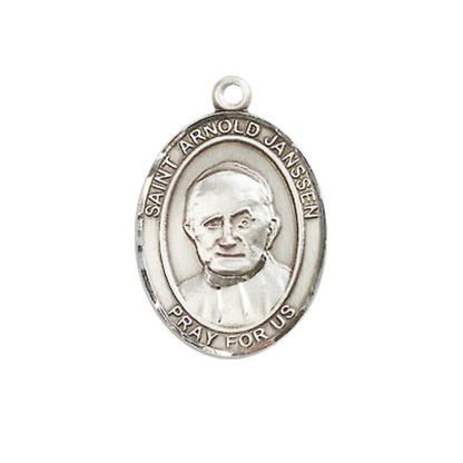 Medium Men's .925 Sterling Silver Saint St. Arnold Janssen Medal Pendant on 24 Inch Endless Rhodium Plated Heavy Curb Brass Chain, Catholic Religious Necklace - Made in USA- Deluxe Velvet Gift Box