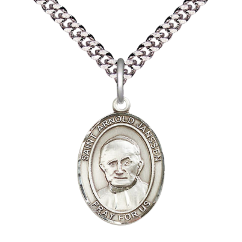 Everlasting Light Jewelry Medium Men's Pewter Saint St. Arnold Janssen Medal Pendant on 24 Inch Endless Rhodium Plated Heavy Curb Brass Chain, Catholic Religious Necklace - Made in USA- Deluxe Velvet Gift Box