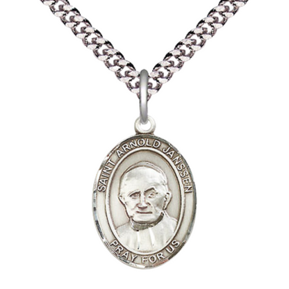Everlasting Light Jewelry Medium Men's Pewter Saint St. Arnold Janssen Medal Pendant on 24 Inch Endless Rhodium Plated Heavy Curb Brass Chain, Catholic Religious Necklace - Made in USA- Deluxe Velvet Gift Box