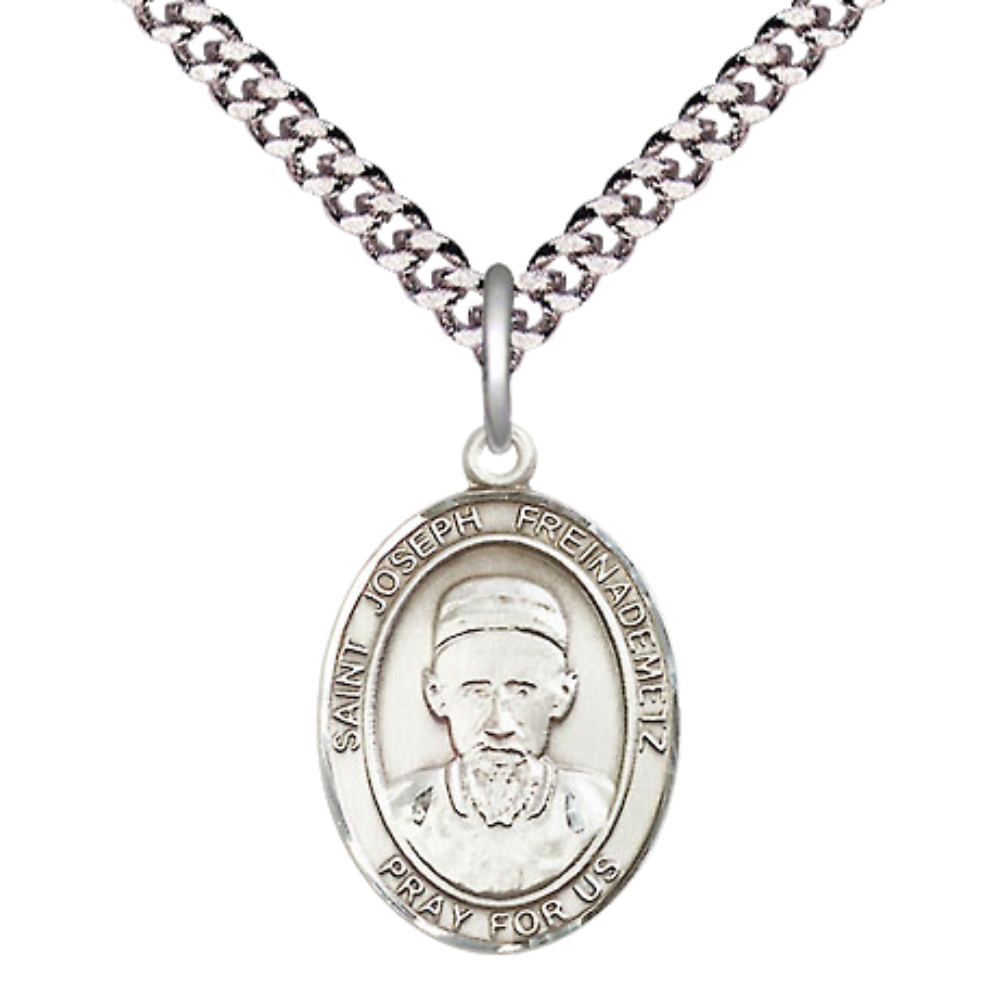 Medium Mens Oval .925 Sterling Silver Saint St. Joseph Freinademetz Medal Pendant on 24 Inch Rhodium Plated Heavy Curb Brass Chain w/ Lobster Claw Clasp, Catholic Religious Necklace - Made in USA- Gift Boxed