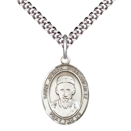 Medium Men's .925 Sterling Silver Saint Joseph Freinademetz Medal Pendant on 24 Inch Endless Rhodium Plated Heavy Curb Brass Chain, Catholic Religious Necklace -Made in USA- Deluxe Velvet Gift Box