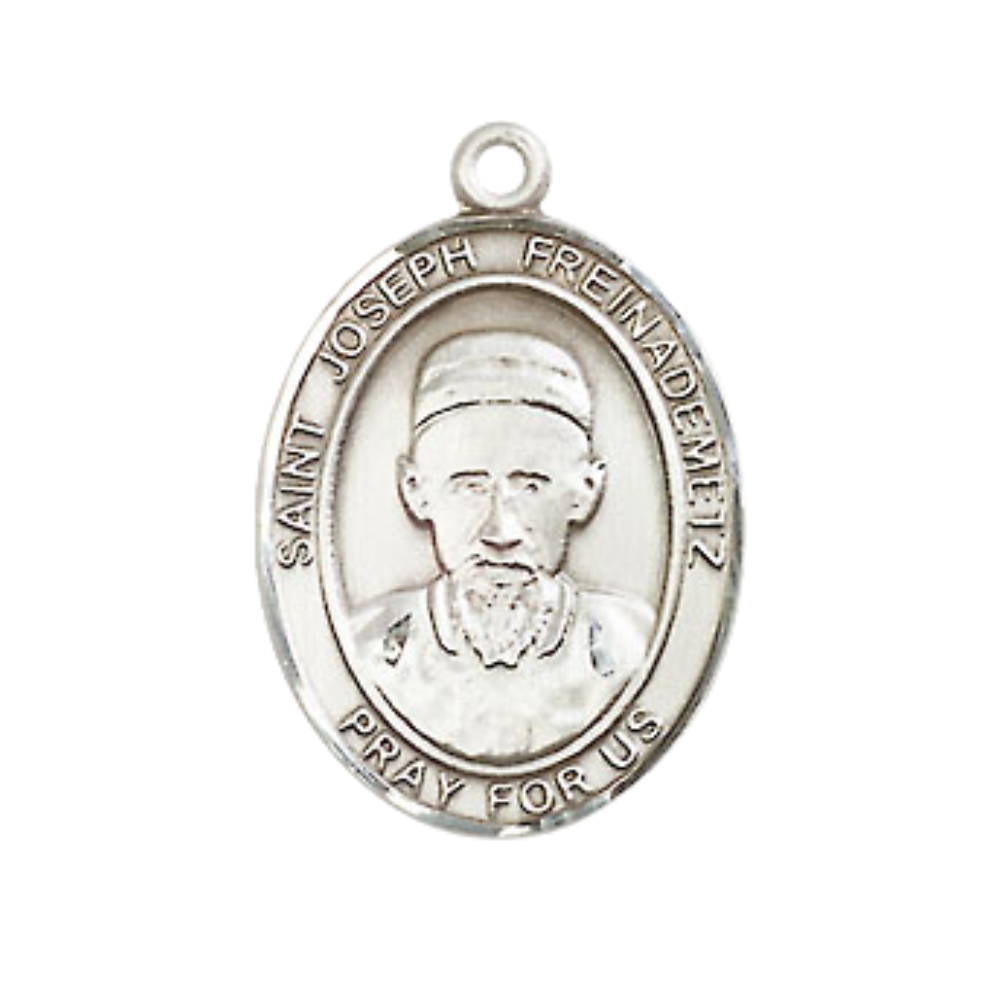 Medium Men's Pewter Saint St. Joseph Freinademetz Medal Pendant on 24 Inch Endless Rhodium Plated Heavy Curb Brass Chain, Catholic Religious Necklace - Made in USA- Deluxe Velvet Gift Box