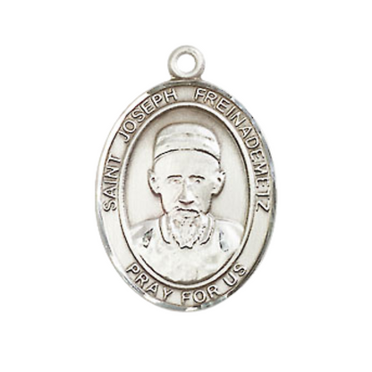 Mens Medium Oval Pewter Saint St. Joseph Freinademetz Medal Pendant on 24 Inch Rhodium Plated Heavy Curb Brass Chain w/ Lobster Claw Clasp, Catholic Religious Necklace - Made in USA- Velvet Gift Box