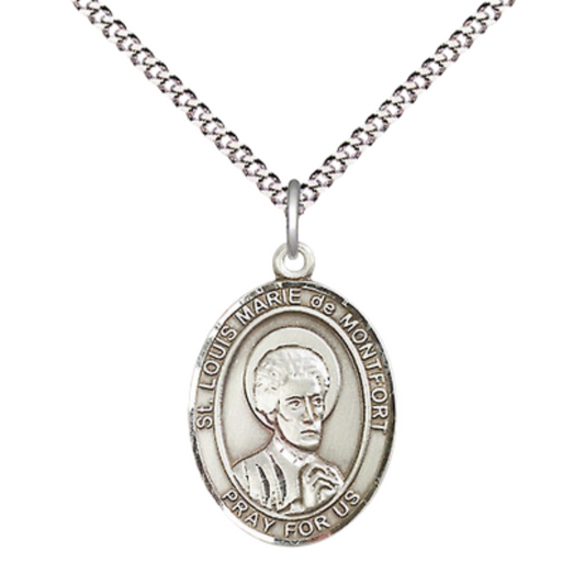 Everlasting Light Jewelry Medium Women's .925 Sterling Silver Saint St. Louis Marie de Montfort Pendant Necklace on 18- inch Rhodium- Plated Lite Curb Brass Chain – Catholic Religious Medal – Velvet Gift Box Included
