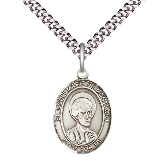 Medium Men's .925 Sterling Silver Saint St. Louis Marie de Montfort Medal Pendant on 24 Inch Endless Rhodium Plated Heavy Curb Brass Chain, Catholic Religious Necklace - Made in USA- Deluxe Velvet Gift Box