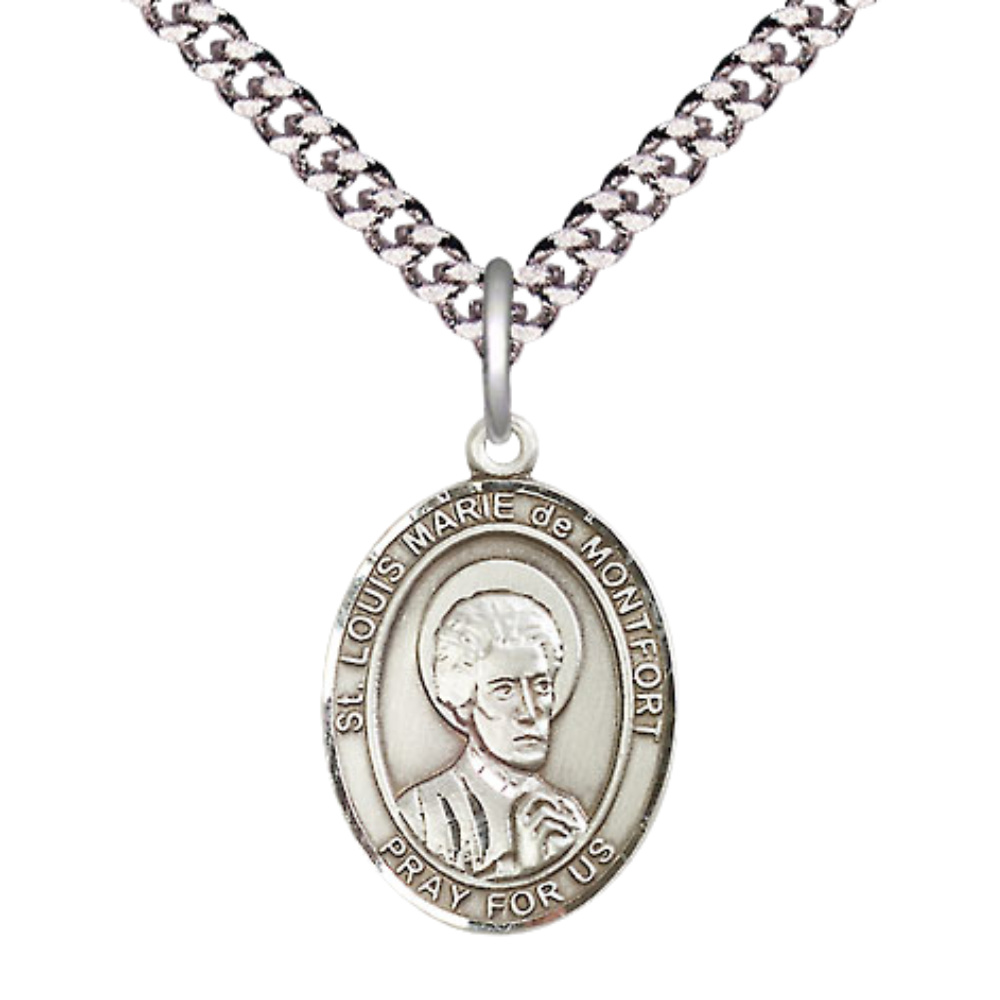 Medium Mens Oval .925 Sterling Silver Saint St. Louis Marie de Montfort Medal Pendant on 24 Inch Rhodium Plated Heavy Curb Brass Chain w/ Lobster Claw Clasp, Catholic Religious Necklace - Made in USA- Gift Boxed