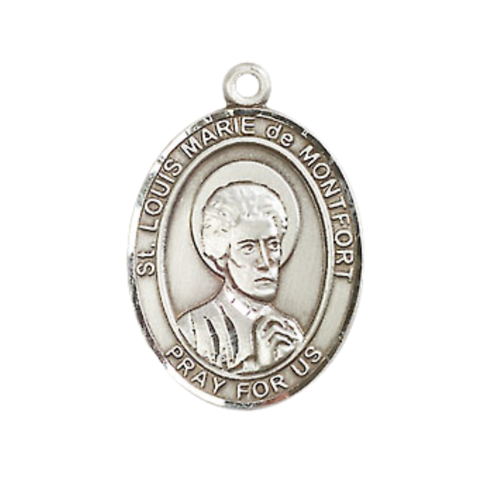 Medium Men's Pewter Saint St. Louis Marie de Montfort Medal Pendant on 24 Inch Endless Rhodium Plated Heavy Curb Brass Chain, Catholic Religious Necklace - Made in USA- Deluxe Velvet Gift Box